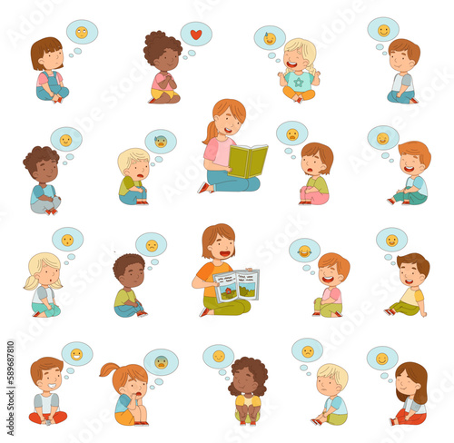Woman Sitting and Reading Children Fairytale with Kids Expressing Different Emotion Big Vector Set
