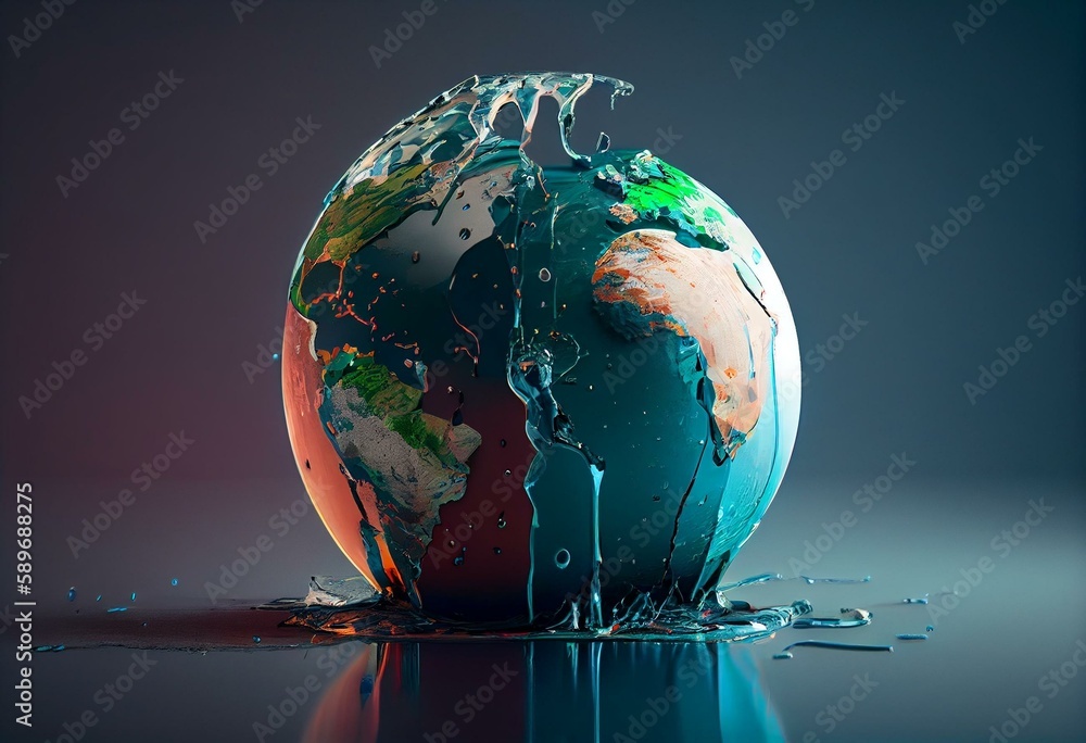 Smashed globe leaking water. Generative AI