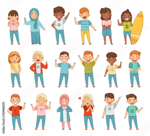 Cute Boy and Girl Showing Emoji Signs Waving Hand and Cheering Big Vector Set