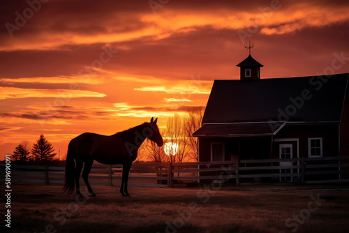 horses on the ranch at sunset, generative ai