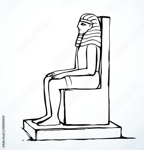 Vector drawing. Egyptian male statue. Pharaoh on the throne