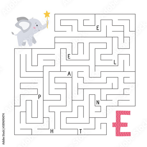 ABC maze game. Educational puzzle for kids. Labyrinth with letters. Help elephant find right way to the letter E. Activity worksheet. Learn English language. Vector illustration.