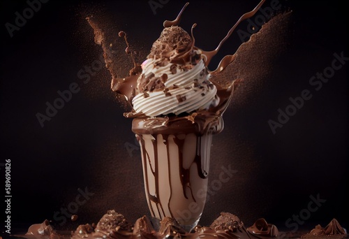 A Chocolate Lover's Dream Come True Chocolate Milkshake with Chocolate Sprinkles, Whip Cream, and a Splash of Delicious Chocolate. Generative AI photo