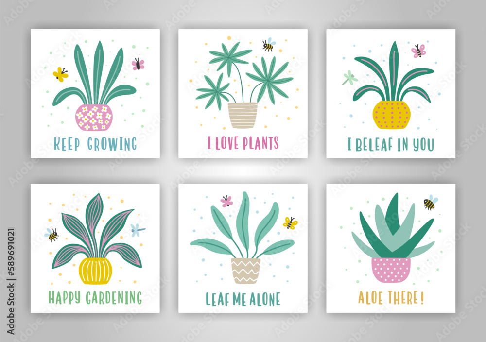 Set of cards with colorful plants in the pots. Home flower collection. Happy gardening, Keep growing, Aloe there, Leaf me alone lettering quotes. EPS 10 vector houseplant hand drawn flat illustration. Set of cards with colorful plants in the pots. Home flower collection. Happy gardening, Keep growing, Aloe there, Leaf me alone lettering quotes. EPS 10 vector houseplant hand drawn flat illustration.