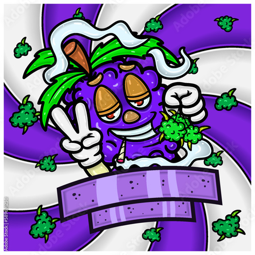 Weed Bud Packaging Design With Grape Flavor Mascot Character Cartoon. For Label, Packaging, Product, Cover and Branding.