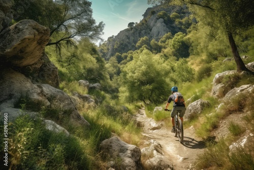 Mountain biker riding cycling in forest  generative ai