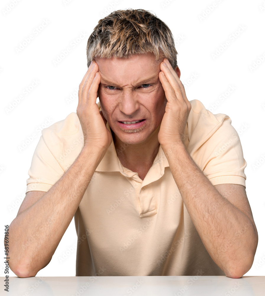 Naklejka premium Portrait of upset middle aged man in thoughtful pose isolated on white