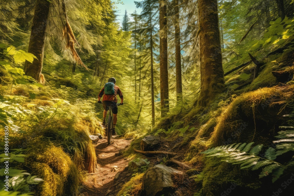 Mountain biker riding cycling in forest, generative ai Mountain biker riding cycling in forest, generative ai