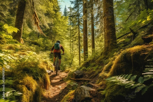 Mountain biker riding cycling in forest  generative ai