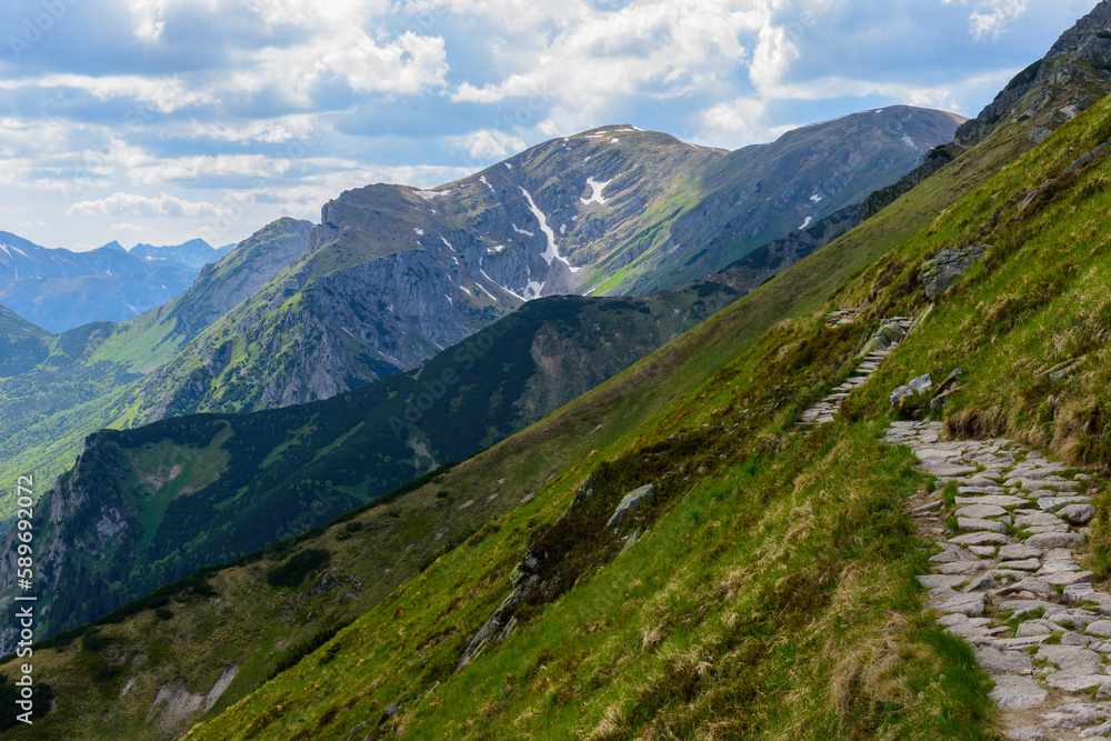 Mountain landscape with a view of the panorama of the mountain peaks of the Western Tatras.