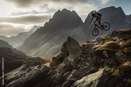 Wide angle view of a mountain biker speeding downhill on a mountain bike track, generative ai