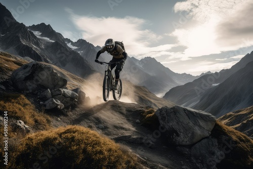 Wide angle view of a mountain biker speeding downhill on a mountain bike track, generative ai © jambulart