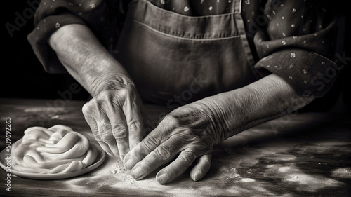 Old Italian woman making traditional homemade italian pasta, kneading dough, hands close-up shot © Syntetic Dreams