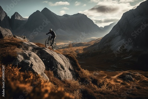 Wide angle view of a mountain biker speeding downhill on a mountain bike track, generative ai