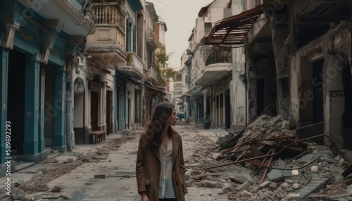 Someone walking among the rubble after the earthquake.