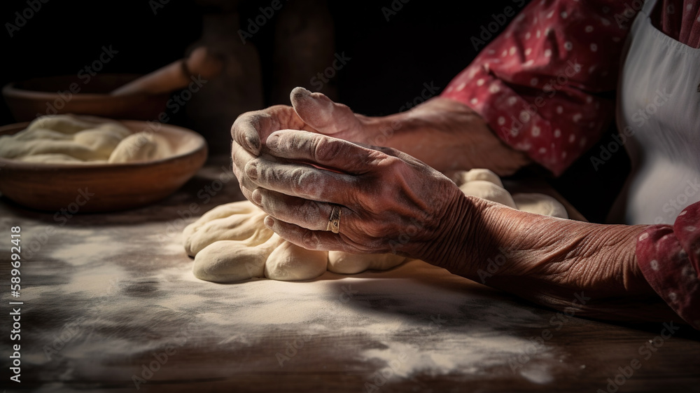 Old Italian woman making traditional homemade italian pasta, kneading dough, hands close-up shot Old Italian woman making traditional homemade italian pasta, kneading dough, hands close-up shot