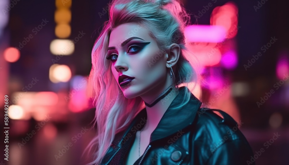 Cyberpunk girl living in a neon city.