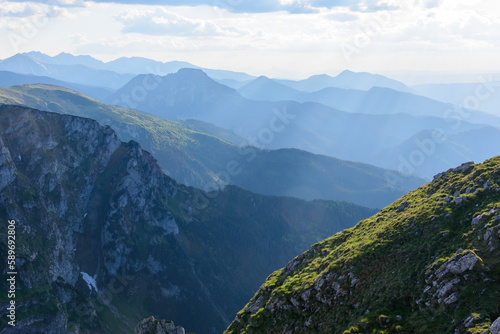 Mountain landscape with a view of the panorama of the peaks of the Western Tatras