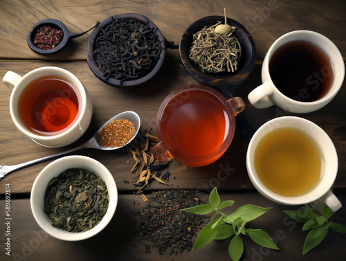 Traditional black and herbal tea collection for breakfast on wooden table top view background. Drinks in cups in assortment for International Tea Day. Generative AI © Ann_ka