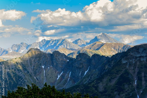 Mountain landscape with a view of the panorama of the peaks of the High Tatras