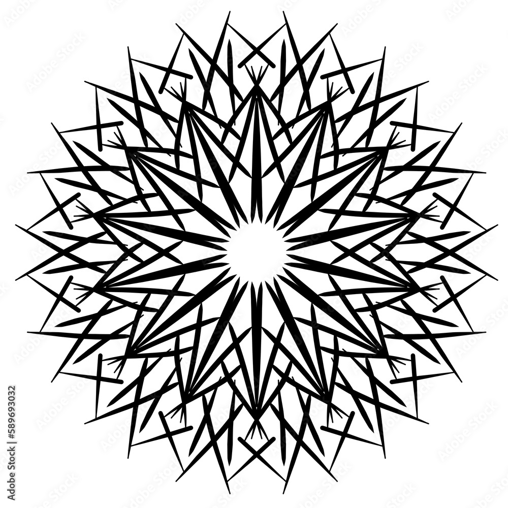 Circular black and white geometric floral rosette style ornament element design on transparent background Circular black and white geometric floral rosette style ornament element design on transparent background