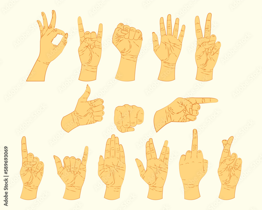 Realistic hand gesture or hand sign design set flat vector template Realistic hand gesture or hand sign design set flat vector template