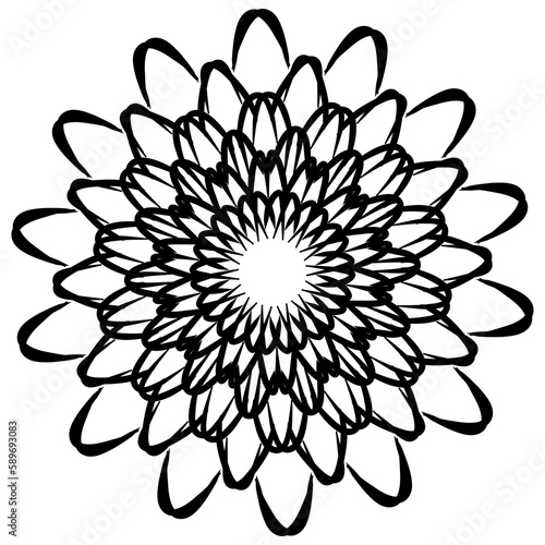 Circular black and white geometric floral rosette style ornament element design on transparent background 