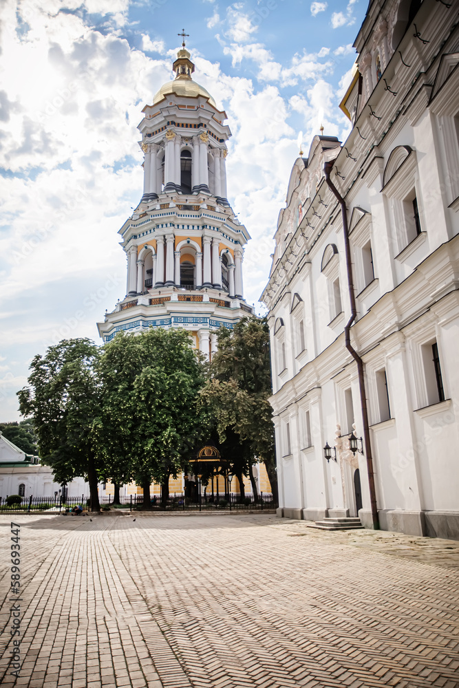 Fototapeta premium Kyiv Pechersk Lavra. Great Lavra Bell Tower or Great Belfry. bell tower of ancient cave monastery in Kyiv, capital of Ukraine. UNESCO World Heritage Site