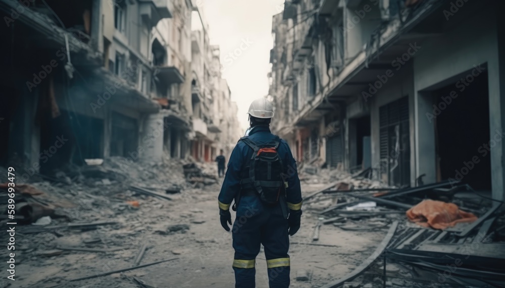 A firefighter walking among the rubble after the earthquake, Generative Ai