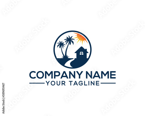 Palm trees, sun and home summer vacation logo design. Unique travel and hotel vector illustration.
