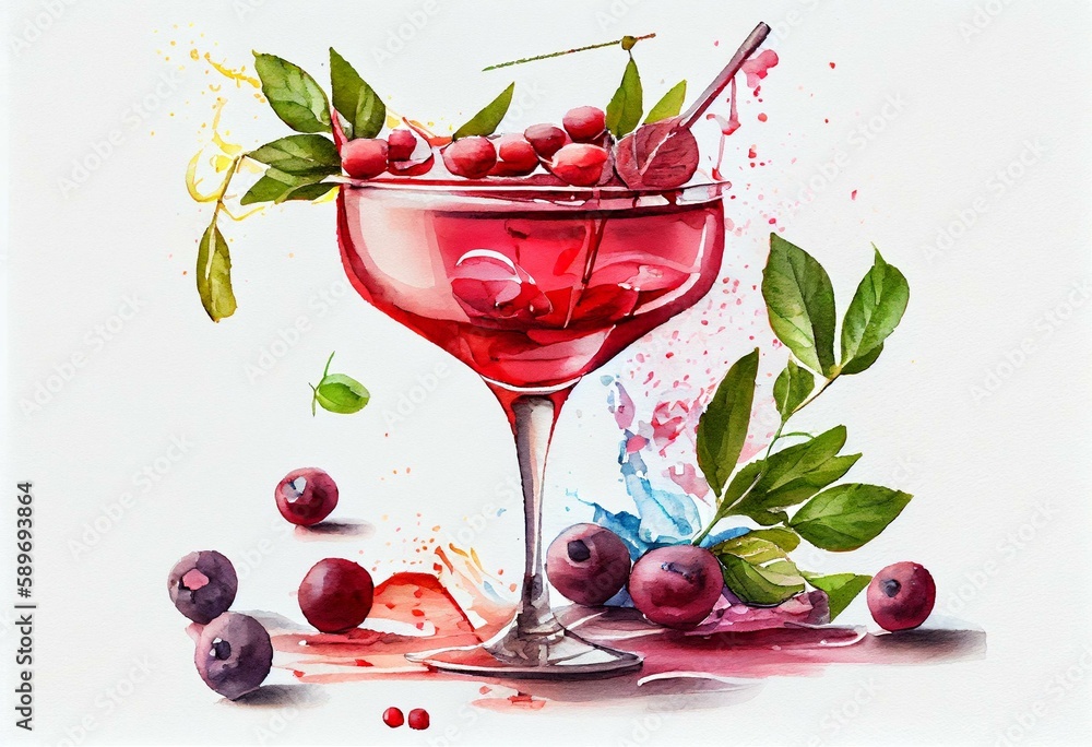 Watercolor pink cosmopolitan cocktail with cranberries  isolated on white background. Watercolour drink illustration. Generative AI - obrazy, fototapety, plakaty 
