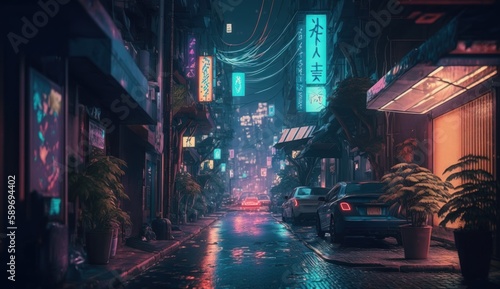 Tokyo at night anime scene neon  generative AI