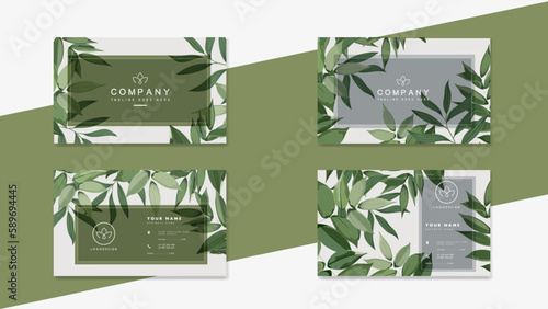 Business card with green leaves. Design template for company organic bio logo, natural and eco products, cosmetic, pharmacy, medicine. Vector leaves EPS10