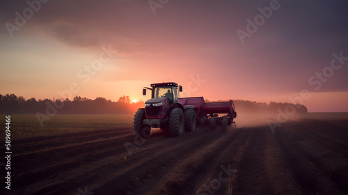 John Deere tractor working a field on a farm at sunset, generative ai 
