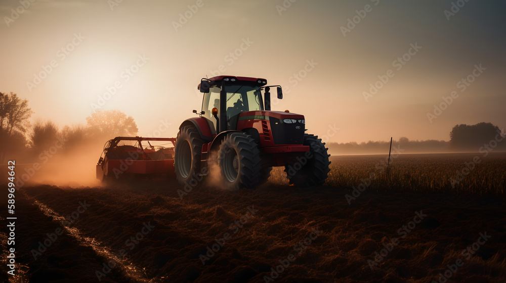 John Deere tractor working a field on a farm at sunset, generative ai
John Deere tractor working a field on a farm at sunset, generative ai