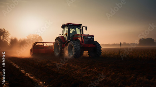 John Deere tractor working a field on a farm at sunset  generative ai  