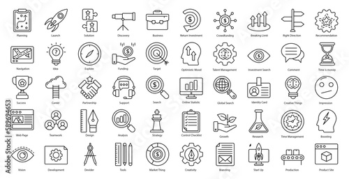 Startup Thin Line Icons Job Branding Work Icon Set in Outline Style 50 Vector Icons in Black	