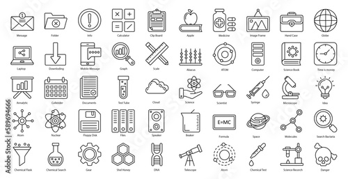Science Thin Line Icons Research Experiment Education Icon Set in Outline Style 50 Vector Icons in Black 