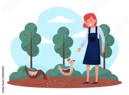 Woman Farmer Feeding Hen with Grain Vector Illustration