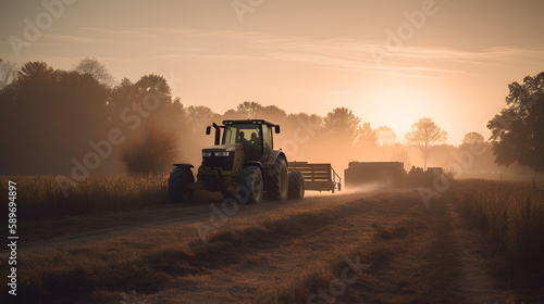 John Deere tractor working a field on a farm at sunset  generative ai  
