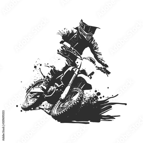 Motocross rider silhouette with grungy black and white brush