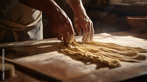 Chef making dough for traditional Italian homemade tagliatelle pasta, Cooking process, food concept