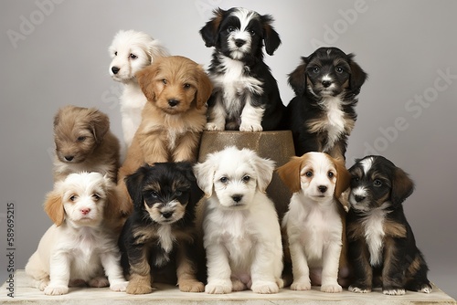 Group of cute puppies in studio on grey background. Generative AI