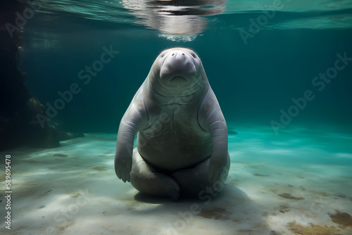 Manatee doing yoga. AI generation photo