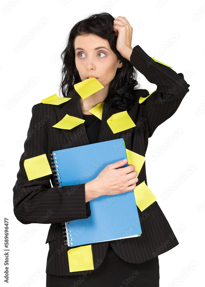 Confused Businesswoman Covered with Adhesive Notes Confused Businesswoman Covered with Adhesive Notes
