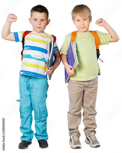 Little smiling boys with school backpacks holding notebooks