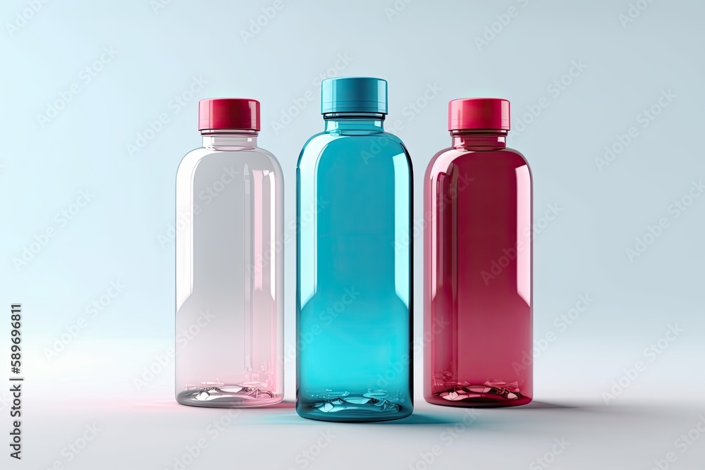 three reusable water bottles in different colors. Generative AI three reusable water bottles in different colors. Generative AI