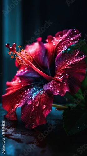 hibiscus flower with water drops,neon glow, sun rise, bokha mood - generative ai photo