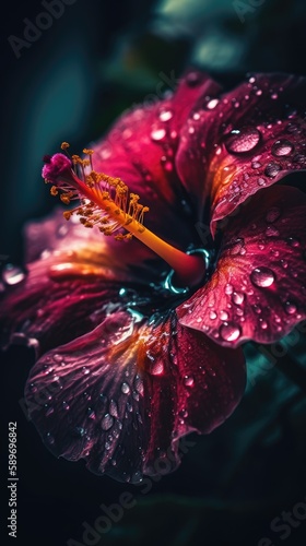 hibiscus flower with water drops,neon glow, sun rise, bokha mood - generative ai