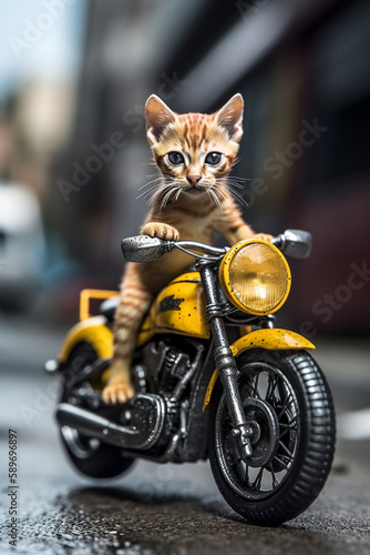 Adorable Orange Kitten Riding Motorcycle. Generative ai © Anna Hoychuk